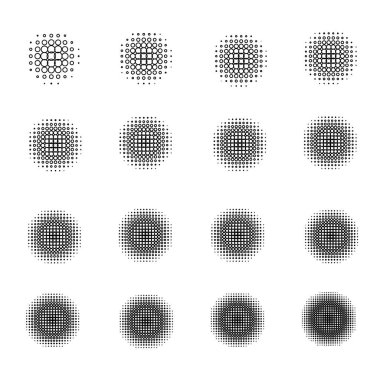 Beyaz arka plan üzerinde izole yarı ton daireler kümesi. Noktalı resim etkisi nokta desenlerini topluluğu. Vektör çizim.