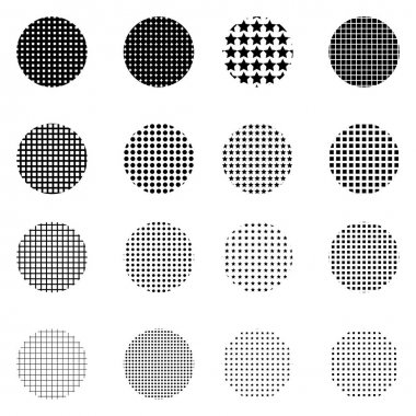 Beyaz arka plan üzerinde izole yarı ton daireler kümesi. Noktalı resim etkisi nokta desen koleksiyonu.