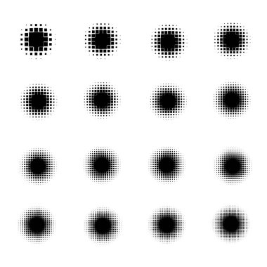 Beyaz arka plan üzerinde izole noktalı resim kareleri kümesi. Noktalı resim etkisi nokta desenlerini topluluğu. Vektör çizim.