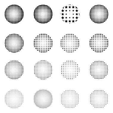 Beyaz arka plan üzerinde izole yarı ton daireler kümesi. Noktalı resim etkisi nokta desen koleksiyonu.