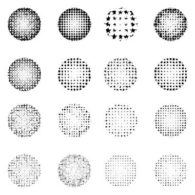 Beyaz arka plan üzerinde izole yarı ton daireler kümesi. Noktalı resim etkisi nokta desen koleksiyonu.