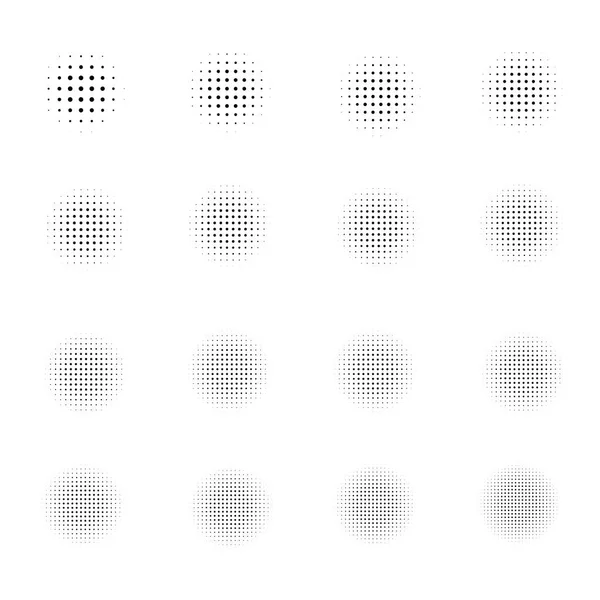 Set of Halftone circles isolated on white background.Collection of halftone effect dot patterns.Vector illustration. — Stock Vector