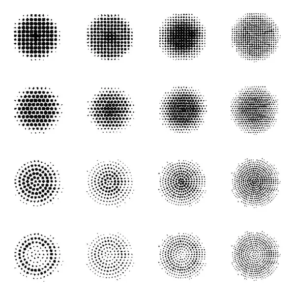 Conjunto de círculos de meio-tom isolados em fundo branco.Coleção de padrões de ponto de efeito de meio-tom. — Vetor de Stock