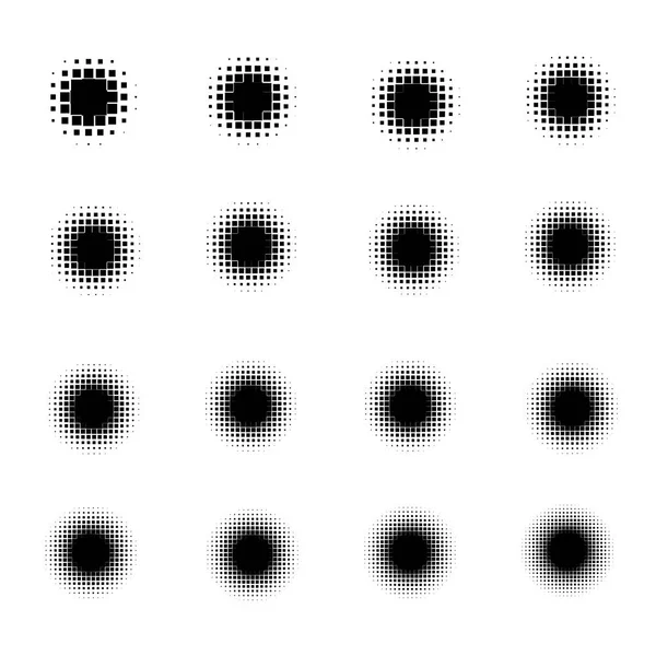 Beyaz arka plan üzerinde izole noktalı resim kareleri kümesi. Noktalı resim etkisi nokta desenlerini topluluğu. Vektör çizim.