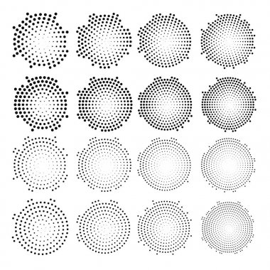 Yarı ton nokta dairesel yayın dağıtılmış. Noktalı resim efekti vektör desen. Beyaz arka plan üzerinde izole daire noktalar.