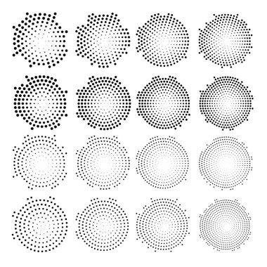 Yarı ton nokta dairesel yayın dağıtılmış. Noktalı resim efekti vektör desen. Beyaz arka plan üzerinde izole daire noktalar.