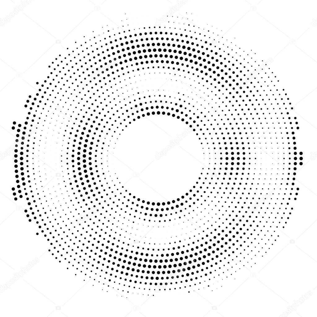 Halftone dotted background circularly distributed. Halftone effect vector pattern. Circle dots isolated on the white background.