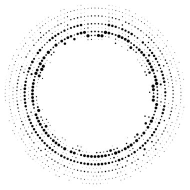 Yarım tonluk noktalı arka plan dolaştırılmış. Yarı ton etki vektör deseni. Beyaz arkaplanda izole edilmiş çember noktaları.