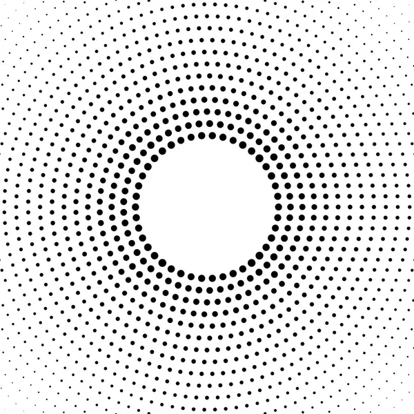 Halvton prickig bakgrund cirkulärt distribueras. Halvtonseffekt vektormönster. Cirkelprickar isolerade på den vita bakgrunden. — Stock vektor