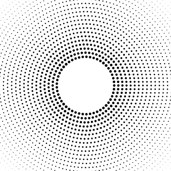 Fondo punteado medio tono distribuido circularmente. Patrón vectorial de efecto de medio tono. Puntos de círculo aislados en el fondo blanco . — Archivo Imágenes Vectoriales