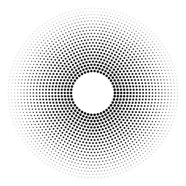 Yarım tonluk noktalı arka plan dolaştırılmış. Yarı ton etki vektör deseni. Beyaz arkaplanda izole edilmiş çember noktaları.