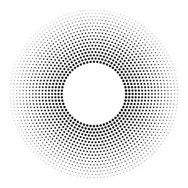 Yarım tonluk noktalı arka plan dolaştırılmış. Yarı ton etki vektör deseni. Beyaz arkaplanda izole edilmiş çember noktaları.
