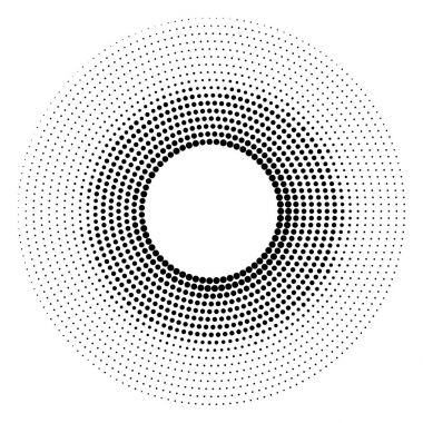 Yarım tonluk noktalı arka plan dolaştırılmış. Yarı ton etki vektör deseni. Beyaz arkaplanda izole edilmiş çember noktaları.