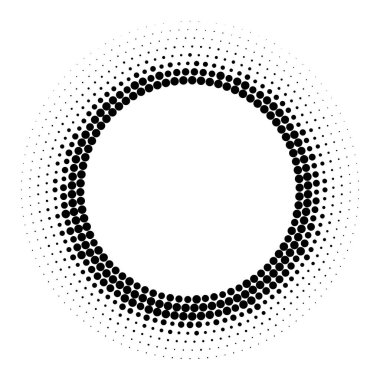 Yarım tonluk noktalı arka plan dolaştırılmış. Yarı ton etki vektör deseni. Beyaz arkaplanda izole edilmiş çember noktaları.