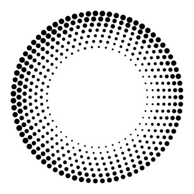 Yarım tonluk noktalı arka plan dolaştırılmış. Yarı ton etki vektör deseni. Beyaz arkaplanda izole edilmiş çember noktaları.