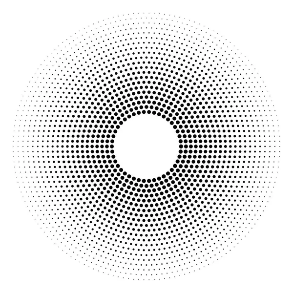 Fondo punteado medio tono distribuido circularmente. Patrón vectorial de efecto de medio tono. Puntos de círculo aislados en el fondo blanco . — Archivo Imágenes Vectoriales