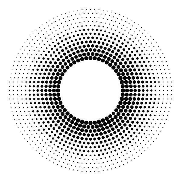 Fondo punteado medio tono distribuido circularmente. Patrón vectorial de efecto de medio tono. Puntos de círculo aislados en el fondo blanco . — Vector de stock