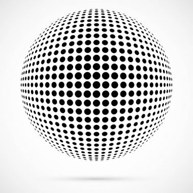 3D vektör noktalı resim küre beyaz. Noktalı küresel arka plan. Gölge logo şablonu. Beyaz arka plan üzerinde izole noktalar.