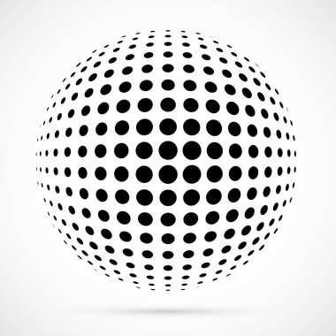 3D vektör noktalı resim küre beyaz. Noktalı küresel arka plan. Gölge logo şablonu. Beyaz arka plan üzerinde izole noktalar.