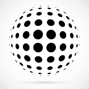 3D vektör noktalı resim küre beyaz. Noktalı küresel arka plan. Gölge logo şablonu. Beyaz arka plan üzerinde izole noktalar.