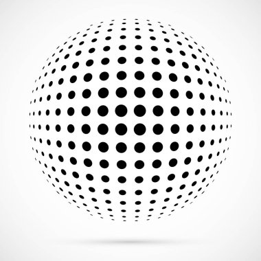 3D vektör noktalı resim küre beyaz. Noktalı küresel arka plan. Gölge logo şablonu. Beyaz arka plan üzerinde izole noktalar.