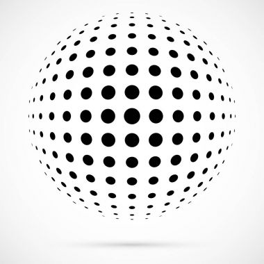 3D vektör noktalı resim küre beyaz. Noktalı küresel arka plan. Gölge logo şablonu. Beyaz arka plan üzerinde izole noktalar.