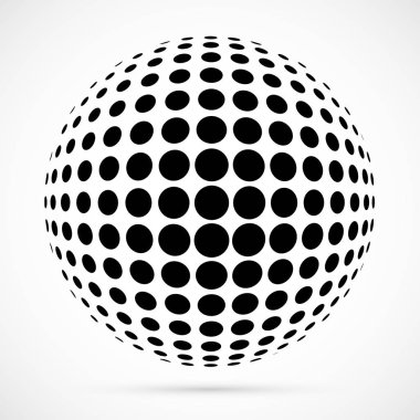 3D vektör noktalı resim küre beyaz. Noktalı küresel arka plan. Gölge logo şablonu. Beyaz arka plan üzerinde izole noktalar.