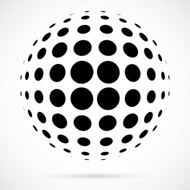 3D vektör noktalı resim küre beyaz. Noktalı küresel arka plan. Gölge logo şablonu. Beyaz arka plan üzerinde izole noktalar.