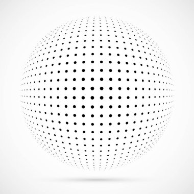 3D vektör noktalı resim küre beyaz. Noktalı küresel arka plan. Gölge logo şablonu. Beyaz arka plan üzerinde izole noktalar.