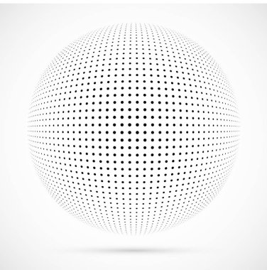 3D vektör noktalı resim küre beyaz. Noktalı küresel arka plan. Gölge logo şablonu. Beyaz arka plan üzerinde izole noktalar.