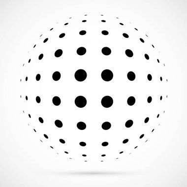 3D vektör noktalı resim küre beyaz. Noktalı küresel arka plan. Gölge logo şablonu. Beyaz arka plan üzerinde izole noktalar.