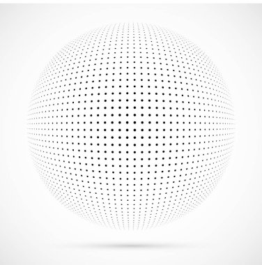 3D vektör noktalı resim küre beyaz. Noktalı küresel arka plan. Gölge logo şablonu. Beyaz arka plan üzerinde izole noktalar.