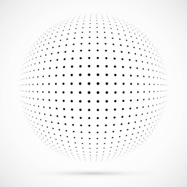 3D vektör noktalı resim küre beyaz. Noktalı küresel arka plan. Gölge logo şablonu. Beyaz arka plan üzerinde izole noktalar.