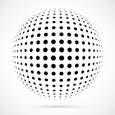 3D vektör noktalı resim küre beyaz. Noktalı küresel arka plan. Gölge logo şablonu. Beyaz arka plan üzerinde izole noktalar.