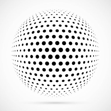 3D vektör noktalı resim küre beyaz. Noktalı küresel arka plan. Gölge logo şablonu. Beyaz arka plan üzerinde izole noktalar.