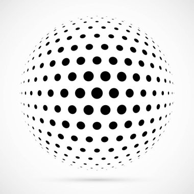 3D vektör noktalı resim küre beyaz. Noktalı küresel arka plan. Gölge logo şablonu. Beyaz arka plan üzerinde izole noktalar.