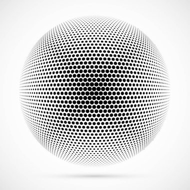 3D vektör noktalı resim küre beyaz. Noktalı küresel arka plan. Gölge logo şablonu. Beyaz arka plan üzerinde izole noktalar.