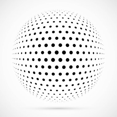 3D vektör noktalı resim küre beyaz. Noktalı küresel arka plan. Gölge logo şablonu. Beyaz arka plan üzerinde izole noktalar.