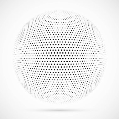 3D vektör noktalı resim küre beyaz. Noktalı küresel arka plan. Gölge logo şablonu. Beyaz arka plan üzerinde izole noktalar.