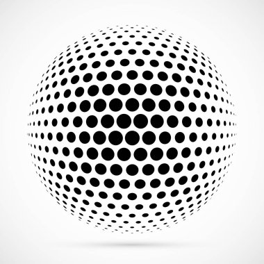 3D vektör noktalı resim küre beyaz. Noktalı küresel arka plan. Gölge logo şablonu. Beyaz arka plan üzerinde izole noktalar.