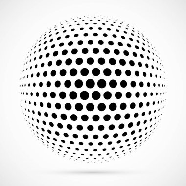 3D vektör noktalı resim küre beyaz. Noktalı küresel arka plan. Gölge logo şablonu. Beyaz arka plan üzerinde izole noktalar.