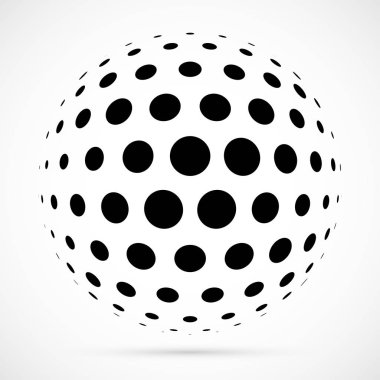 3D vektör noktalı resim küre beyaz. Noktalı küresel arka plan. Gölge logo şablonu. Beyaz arka plan üzerinde izole noktalar.