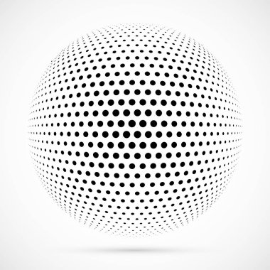 3D vektör noktalı resim küre beyaz. Noktalı küresel arka plan. Gölge logo şablonu. Beyaz arka plan üzerinde izole noktalar.