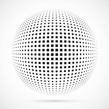 3D vektör noktalı resim küre beyaz. Noktalı küresel arka plan. Gölge logo şablonu. Beyaz arka plan üzerinde izole noktalar.