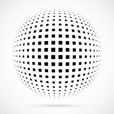 3D vektör noktalı resim küre beyaz. Noktalı küresel arka plan. Gölge logo şablonu. Beyaz arka plan üzerinde izole noktalar.