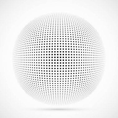 3D vektör noktalı resim küre beyaz. Noktalı küresel arka plan. Gölge logo şablonu. Beyaz arka plan üzerinde izole noktalar.