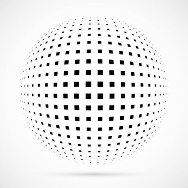 3D vektör noktalı resim küre beyaz. Noktalı küresel arka plan. Gölge logo şablonu. Beyaz arka plan üzerinde izole noktalar.