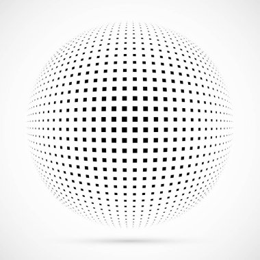 3D vektör noktalı resim küre beyaz. Noktalı küresel arka plan. Gölge logo şablonu. Beyaz arka plan üzerinde izole noktalar.