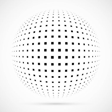 3D vektör noktalı resim küre beyaz. Noktalı küresel arka plan. Gölge logo şablonu. Beyaz arka plan üzerinde izole noktalar.