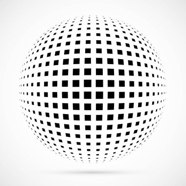 3D vektör noktalı resim küre beyaz. Noktalı küresel arka plan. Gölge logo şablonu. Beyaz arka plan üzerinde izole noktalar.